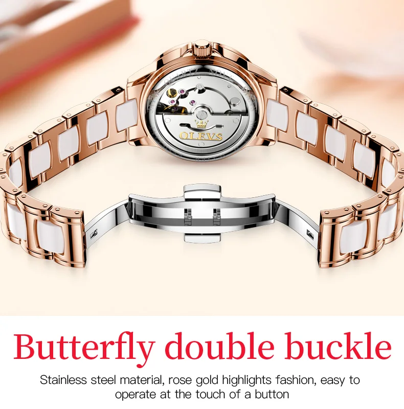 2021 OLEVS Top Brand Ladies Bracelet Watch Ladies Ceramic Strap Rhinestone Mechanical Watch Luxury Fashion Mechanical Watch 6610