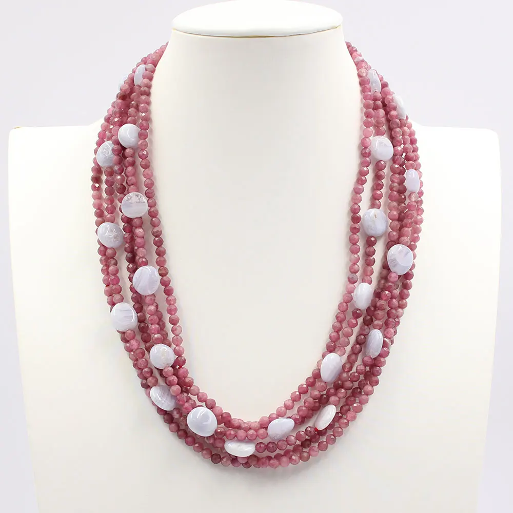 6 Strands Red Round Faceted Tourmalines Blue Agate Chalcedony Necklace Fashion Jewelry