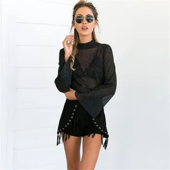 

2019 Fashion Sexy Women Sparkle Mesh Sheer See Through Shirt Blouses OL Work Long Flare Sleeve Outwear Tops Glitter Blouse Shirt