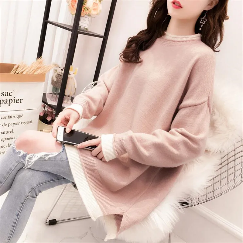 

2019 women's sweater autumn and winter loose solid color long-sleeved pullover knit hem open fork fashion casual