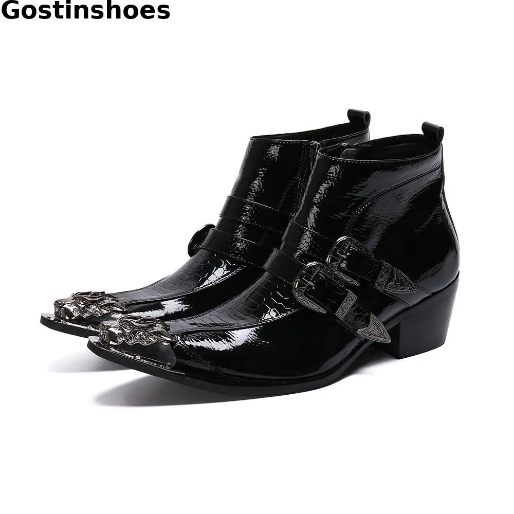 

Black Ankle Boots Men Genuine Leather Snakeskin Pattern Printed Men Short Boots Metal Captoe Pointed Buckle Strap Men Boots
