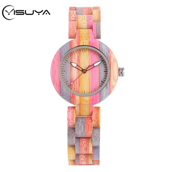 

YISUYA Wood Quartz Watch Women's Charming Fashion Colorful Bamboo Wooden Bangle Watches Elegant Female Wristwatches Reloj Mujer