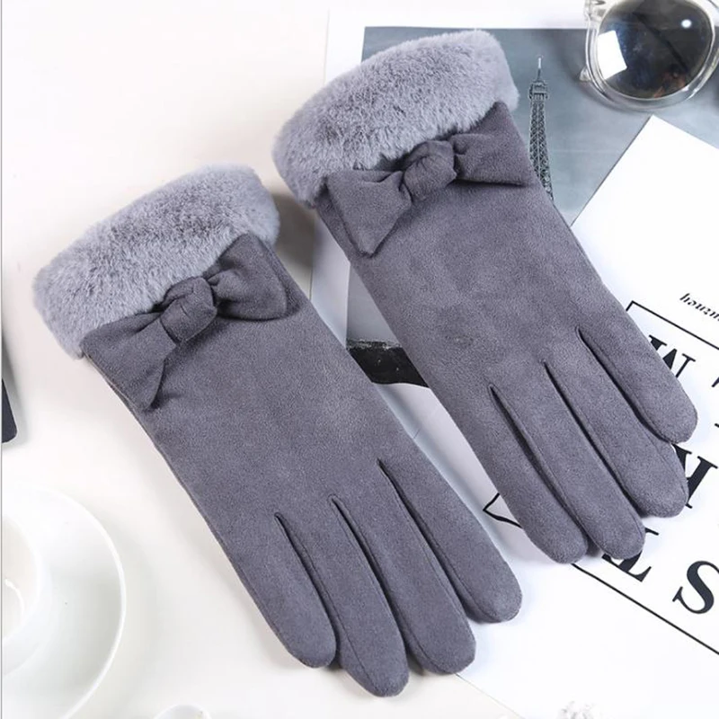 MoneRffi Female Gloves Thick Warm Winter Suede Fashion Outdoor Touch Screen Ladies Glove Plus Velvet Buckskin Cartoon Mittens - Color: gary