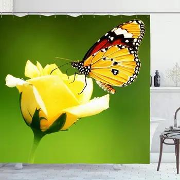 

Shower Curtain Set with Hooks 72x78 Leaf Red Growth Close Monarch Butterfly On Nature Roses Head Valentine Holiday Design Yellow