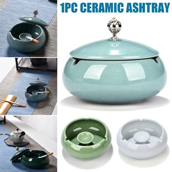 

Cracked Ice Pattern Glaze Ceramic Ashtray with Lids Windproof Ashtray Ash Holder for Home Office Decoration FP8