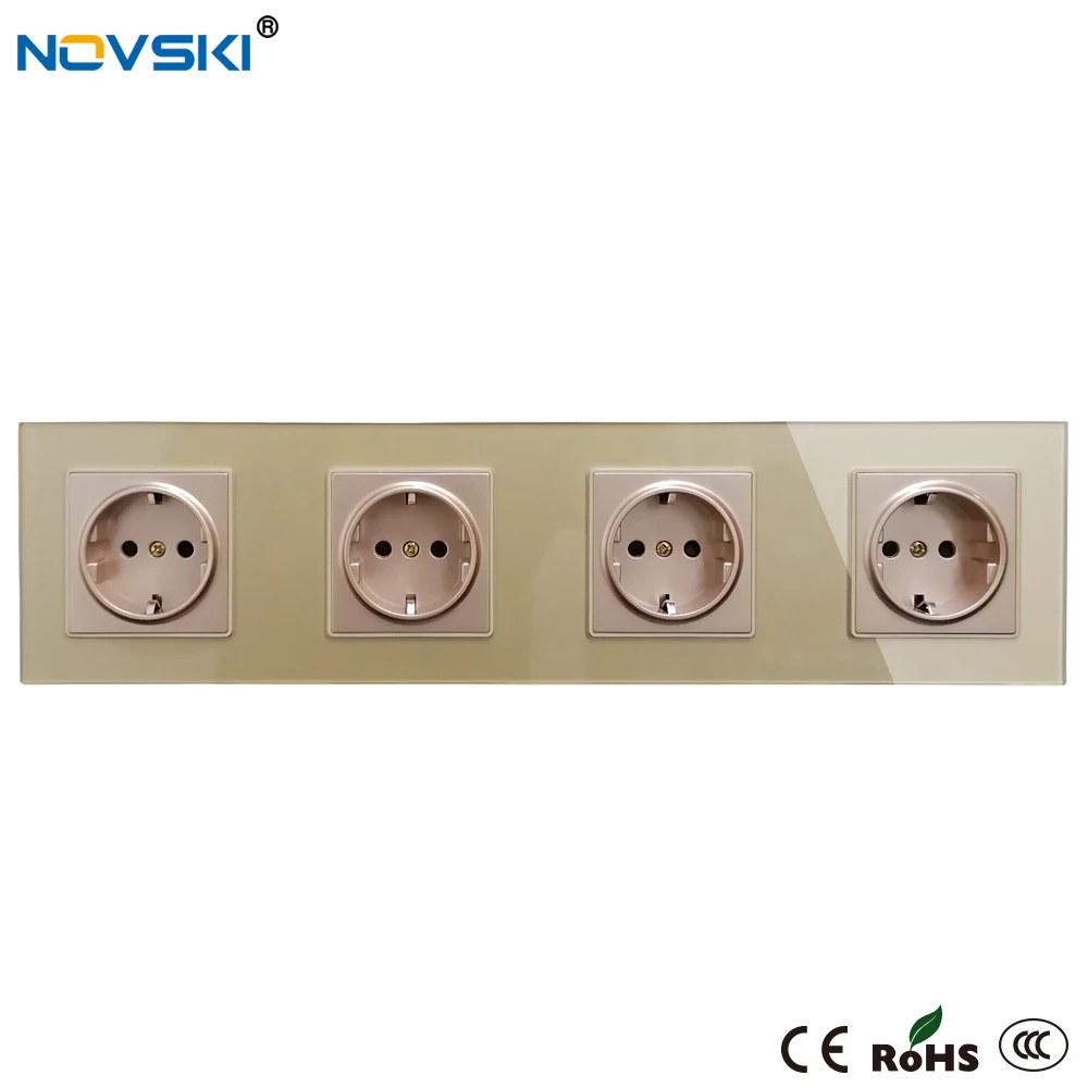 Crystal Glass Panel Electrical Socket Triple German Plug Grounded, 16A EU Standard Quadruple Power Socket, 15 Years Warranty