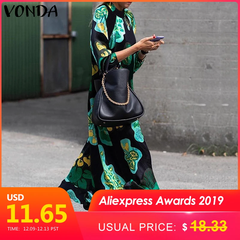 Ceny 2019 VONDA letnia sukienka damska długa, maksi sukienka w stylu vintage, w kwiaty z nadrukiem z długim rękawem luźna letnia sukienka plażowa Plus rozmiar Casual Vestidos
