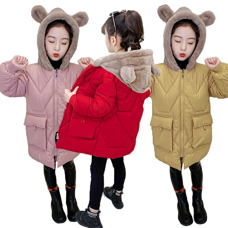 

New Winter Thicken Girls Jacket Fashion Mid-length Plus Velvet Keep Warm Splicing Hooded Outerwear 4-12 Yaers Kids Windbreaker