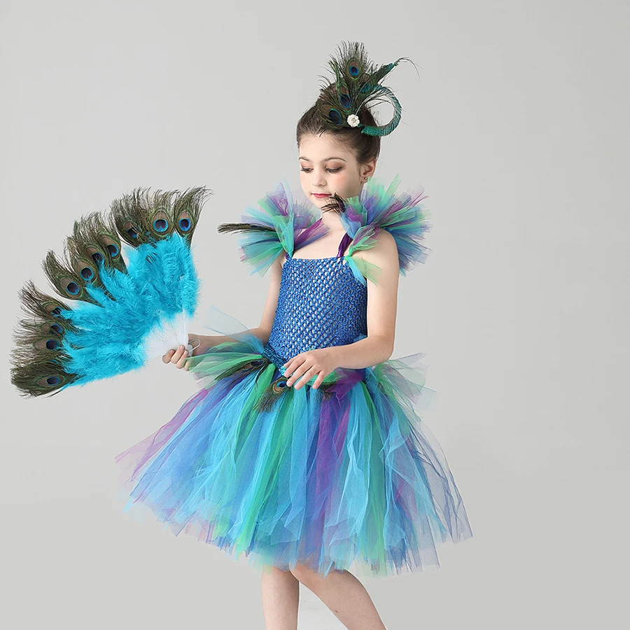 Couture Royal Peacock Girls Tutu Dress with Feather Clip Peacock Bird Carnival Fancy Dress for Kid Halloween Party Purim Costume (11)