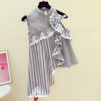 

Irregular Lace Ruffled Off Shoulder Sleeveless Striped Shirt Female Top Girls Ladies Summer Blouse Blouses Blusas Mujer
