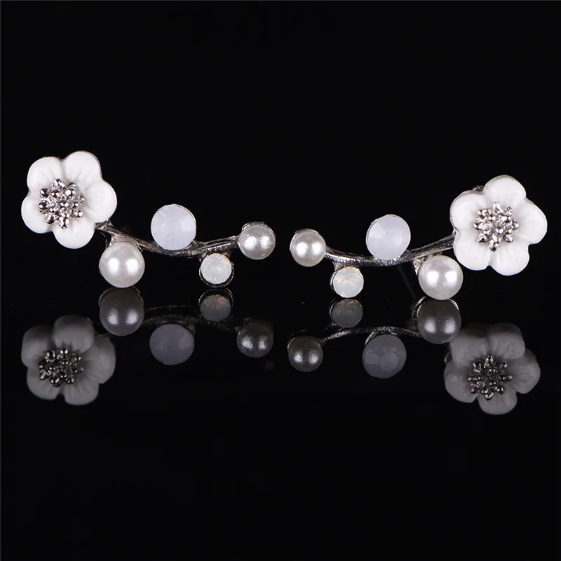 2017 1 Pair  New Fashion Crystal Earrings Pearl Women Branch Shell Pearl Flower Stud Earrings Female