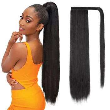 

SUe EXQUISITE Straight Wavy Wrap Around Long Ponytail Clip in Hair Extension Synthetic Natural Wave Ponytail Brown hairpiece