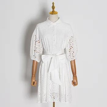 

HIGH QUALITY Newest Fashion 2020 Designer Runway Dress Women's Half Sleeve Cotton Hollow Out Dress