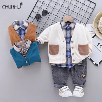 

Kids Boy Clothes Plaid Baby Suit Sweater Cardigan +T-shirt + Jeans 3pcs Children Kids Baby Outfit for Newborn Boys Sportswear