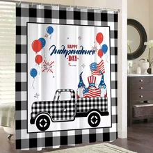 

Independence Day American Shower Curtain Truck Gnome Buffalo Plaid Waterproo Fabric Bath Curtains with Hooks Bathroom Home Decor