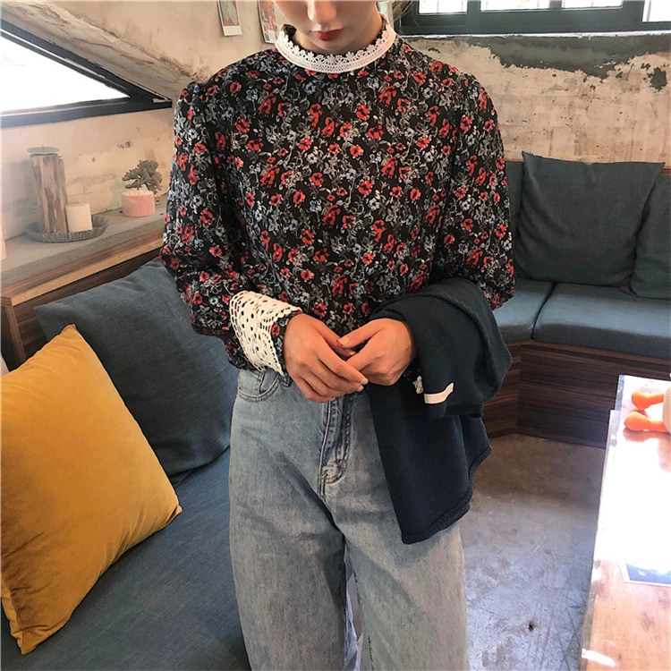 Vintage Print Floral Stand Collar New 2020 Women Spring Summer Blouses Shirts Casual Fashionable Lace Tops | Женская одежда
