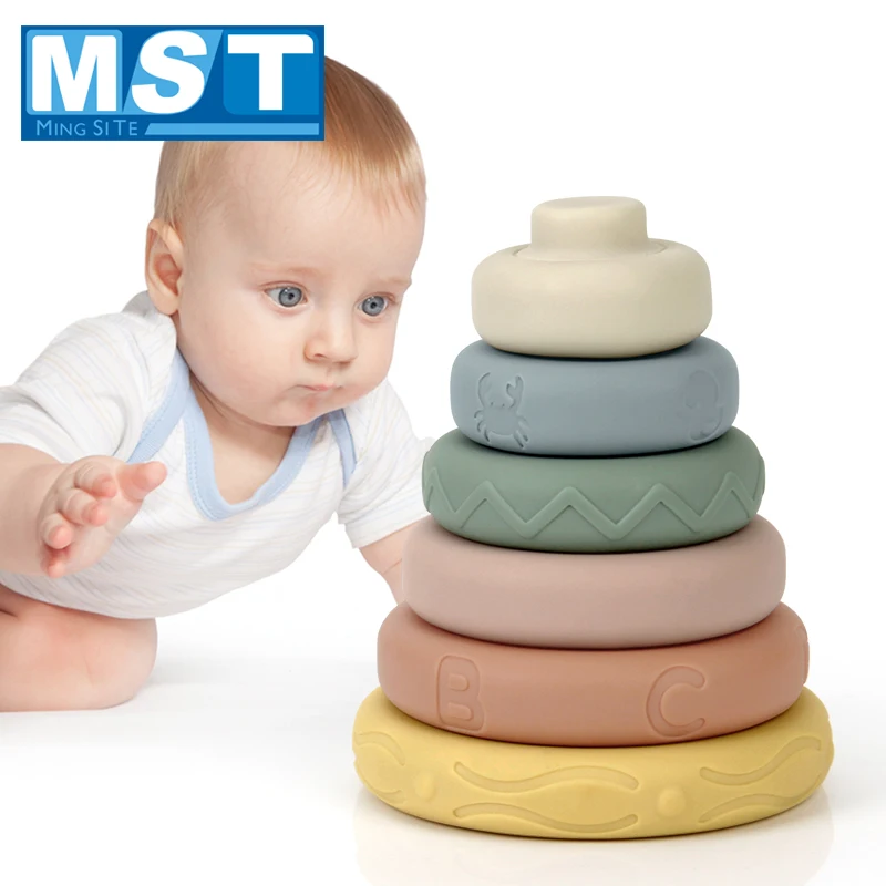 6Pcs/Set Colorful Soft Plastic Building Blocks Toys 3D Touch Baby Massage Rubber Teether Squeeze Toy For Children Grasp Toy afbeelding