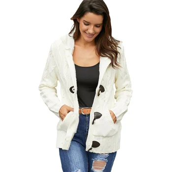 

Casual Gift Long Sleeve Hooded Winter Knitting Autumn Warm With Pockets Loose Women Cardigan Button Down Plush Party