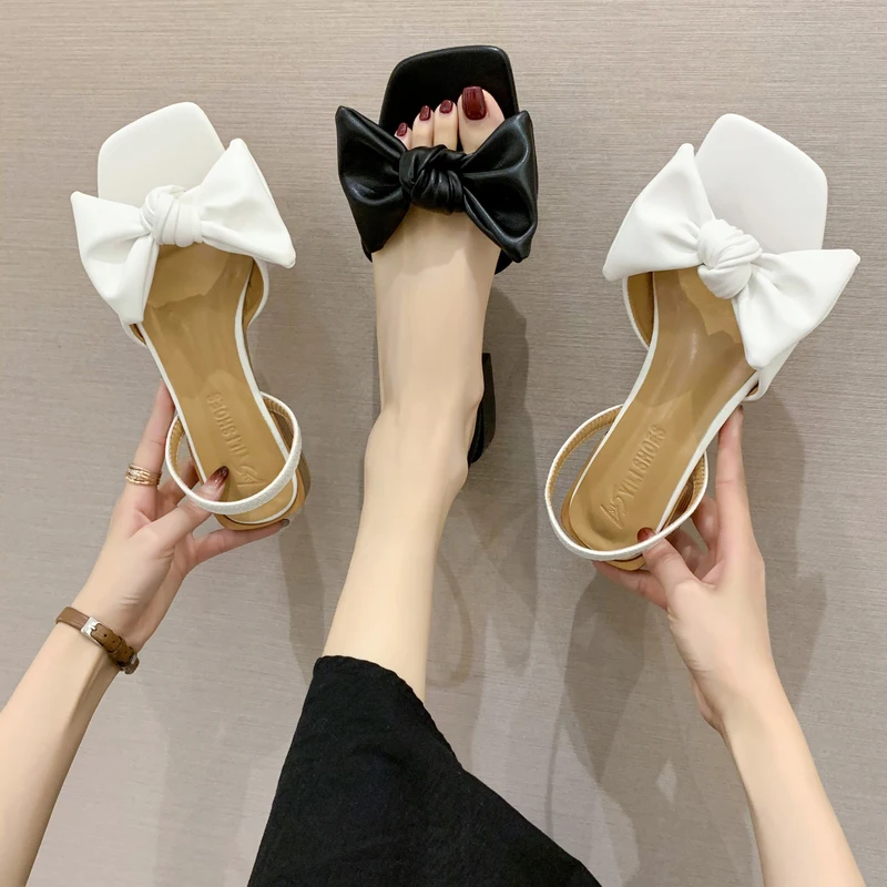 Sandalias negras con lazo blanco, Sandalias de tacón bajo de madera para  Mujer, sandalias elegantes de verano de piel sintética con punta abierta,  Zapatos de tacón bajo para Mujer|Sandalias de mujer| -