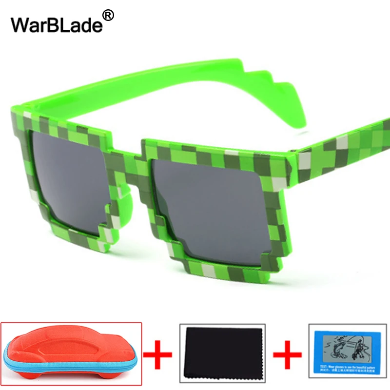 green redcase Модные детские солнцезащитные очки WarBLade, детские солнцезащитные очки меньшего размера, мозаичные очки для мальчиков и девочек, квадратные очки с пикселем, чехол - Цвет линз: green redcase
