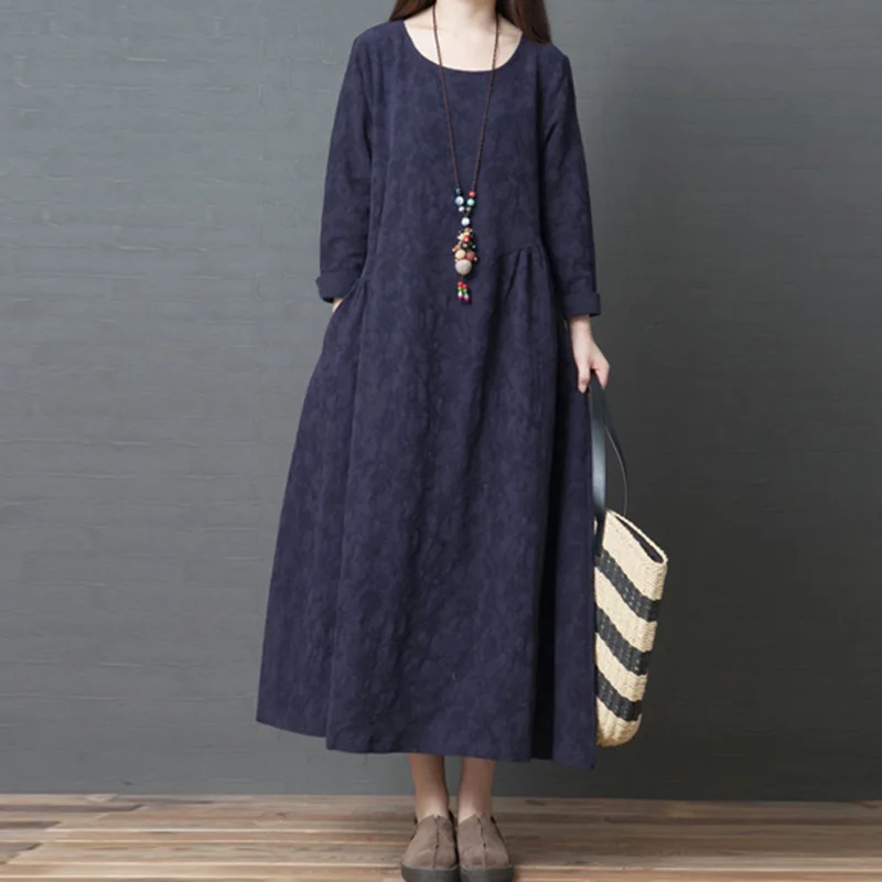 

Korean-style Loose And Plus-sized WOMEN'S Dress Fashion Comfortable Crew Neck Long Sleeve Cotton Linen Dress 2019 Spring New Sty