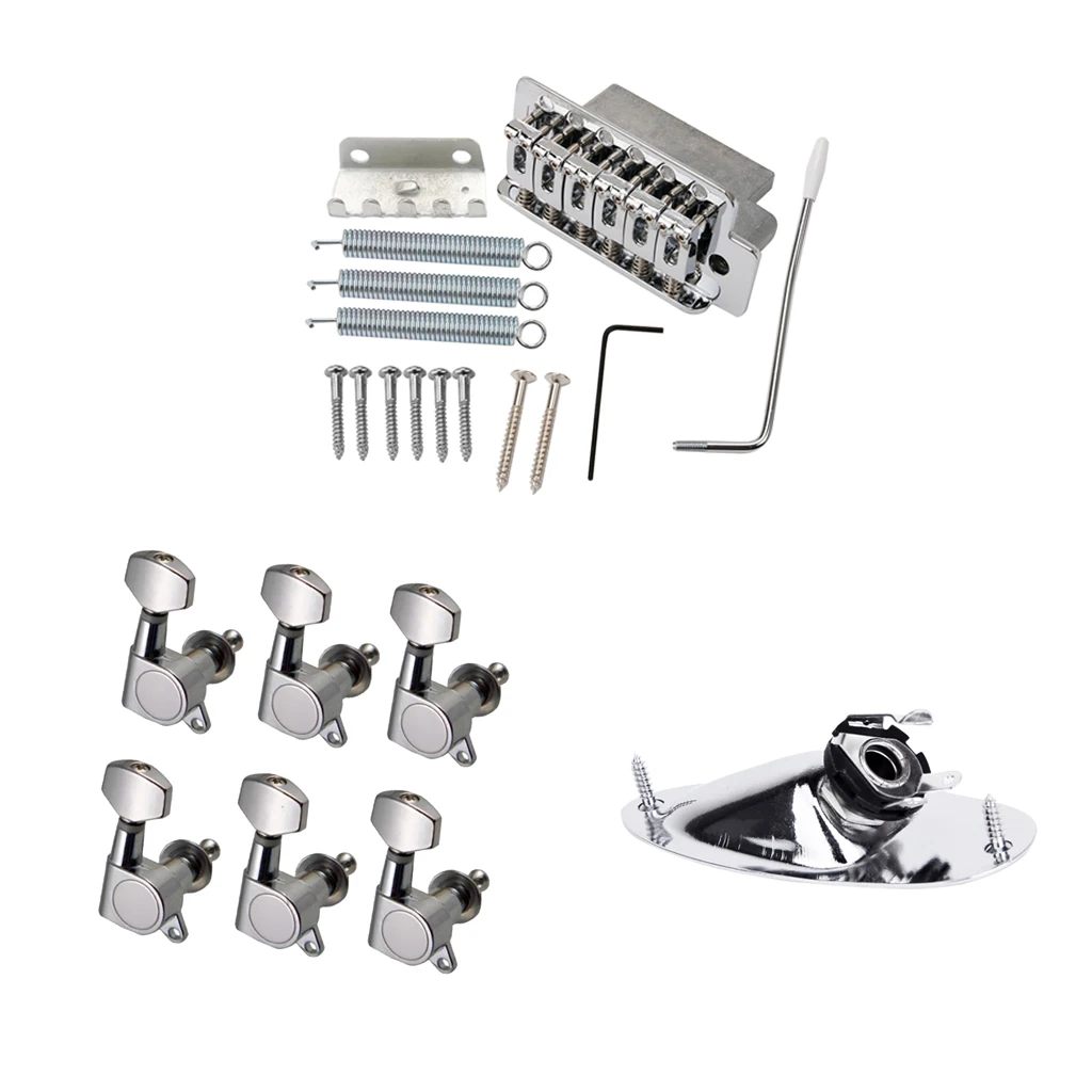 Chrome 6 String Guitar Tremolo Bridge System+Boat Shape Jack+6R Sealed Gear Tuning Pegs Machine Heads