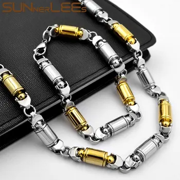 

SUNNERLEES 316L Stainless Steel Necklace Bracelet Set 9mm Geometric Link Chain Silver Color Gold Plated Men Women Jewelry SC82 S