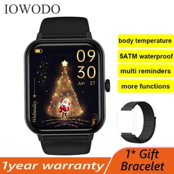 IOWODO SmartWatch 1.69inch Large Full Touch Screen 5ATM Waterproof smartwatches Men Women Watch with Body Temperature Free Ship