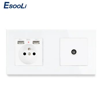 

Esooli Crystal Tempered Glass Panel French Standard Electric Socket with 2 USB + Female TV Jack Television Connector 172*86mm