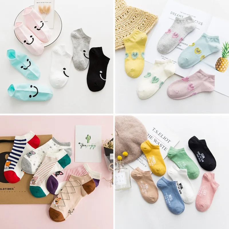 

LIONZONE Spring Summer Women Kawaii Cute Cartoon Cat Socks Cotton Animal Heart Week Print Striped Socks Slipper