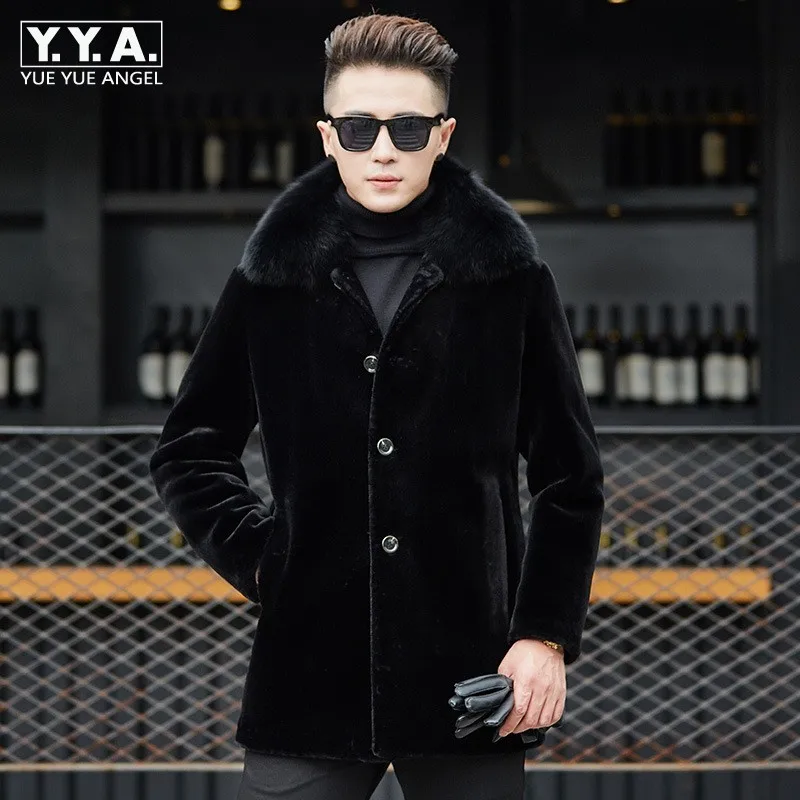 

Luxury Men Shearling Fox Coats Winter Business Single Breasted Wool Jackets Turn-down Collar Real Fur Overcoat Male