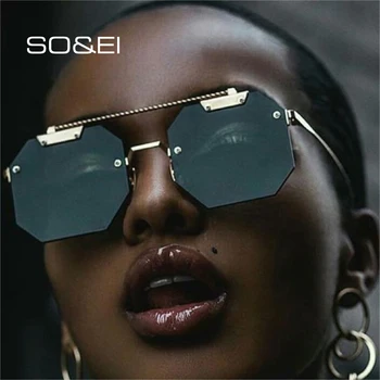 

SO&EI Ins Popular Rimless Square Women Sunglasses Brand Designer Clear Ocean Lens Eyewear Ladies Sun Glasses Men Oculos UV400