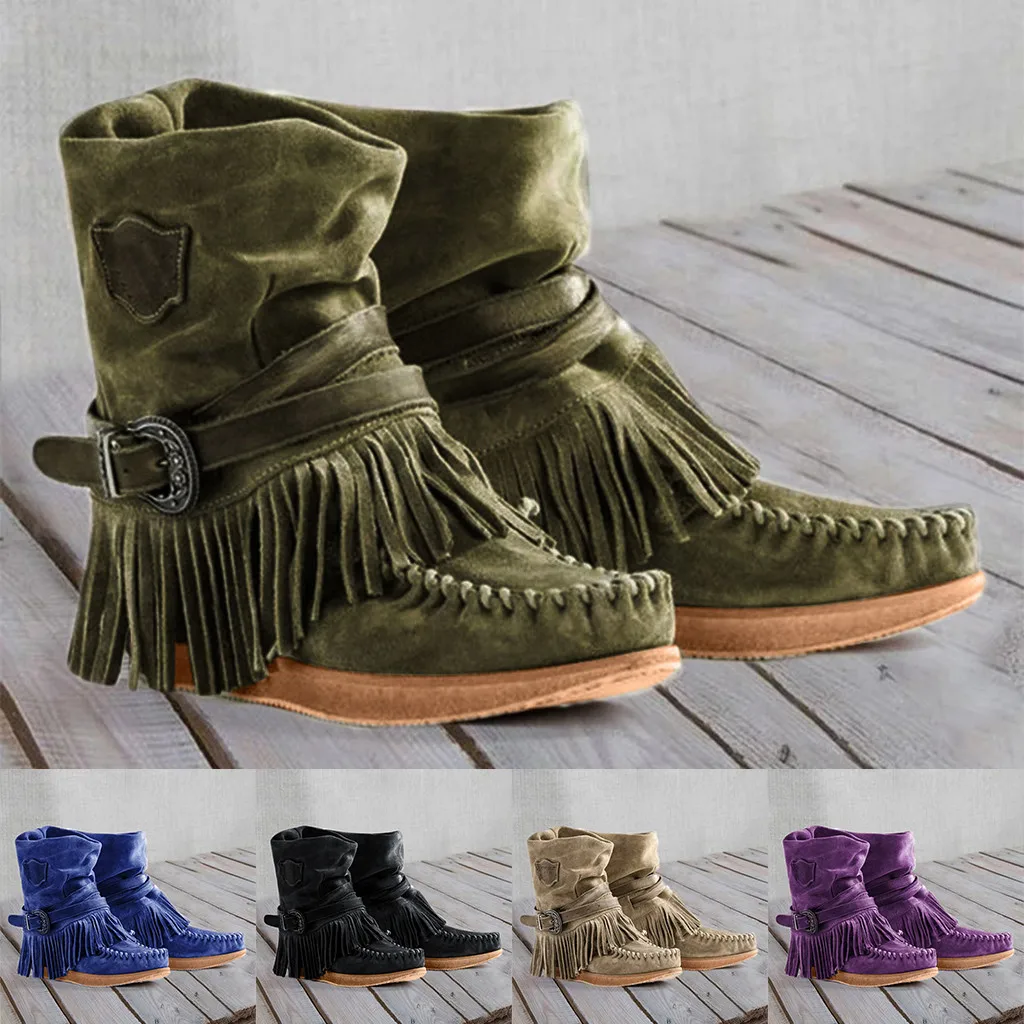 

Women Fashion Fringed Ankle Boots Casual Round Toe Ladies Roman Retro Style Solid Color Tassel Short Flat Shoes Botines Mujer
