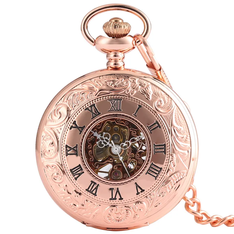 Antique Rose Gold Men Women Skeleton Mechanical Hand Wind Pocket Watch FOB Pendant Chain Roman Number Dial Relgio de bolso Gift