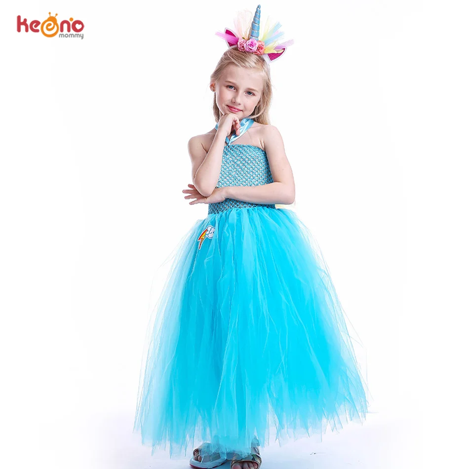 Blue Girls Tutu Dress Flower Unicorn Headband Baby Fluffy Tulle Robe Kids Girl Performance Halloween Costume Vestidos Clothes | Детская