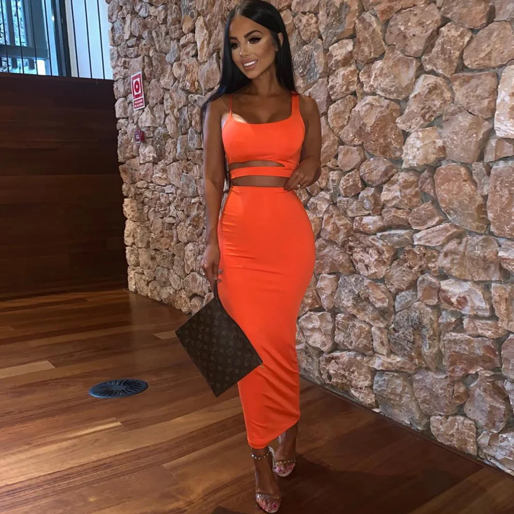 

BKLD Neon Green Orange Club Wear 2 Two Piece Sets Summer Casual Outfits Bodycon Long Skirt And Sleeveless Sexy Cut Out Crop Tops