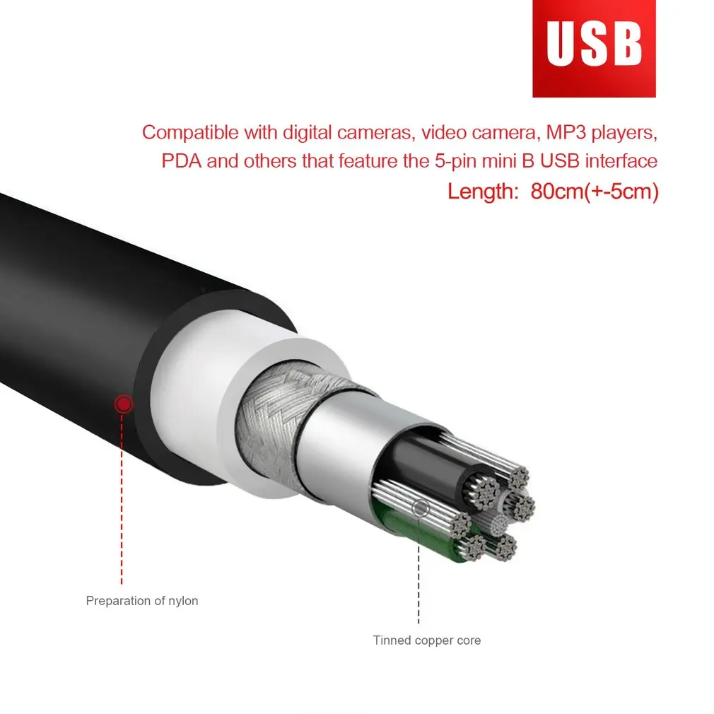 80cm USB 2.0 Male A to Mini B 5-pin Charging Cable For Digital Cameras Hot-swappable USB Data Charger Cable Black