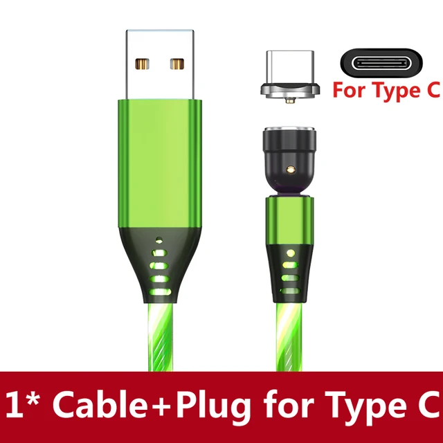 AUFU LED Flowing Light Charging Magnetic USB Cord Glow Type C Cable Magnetic Cable Micro Charger Cable for iPhone Huawei Samsung Green for Type C