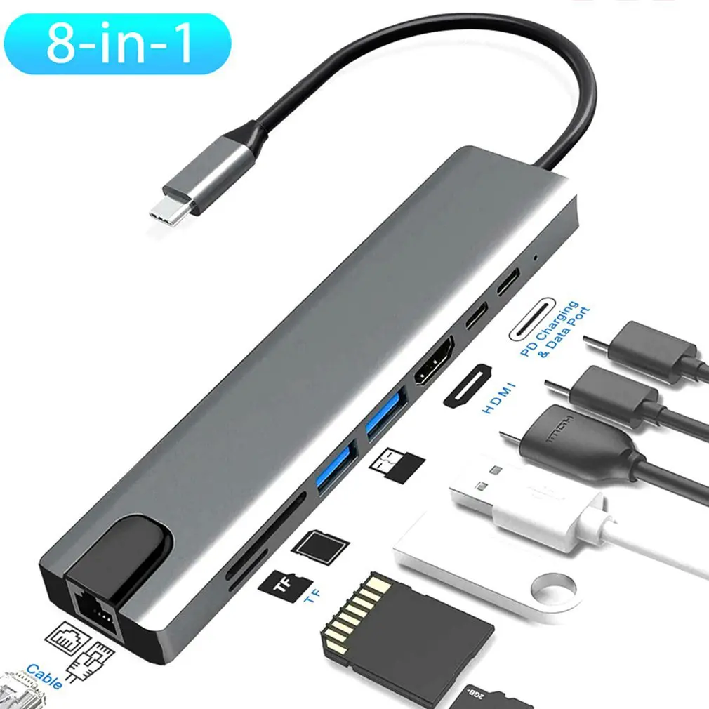 

8-In-1 USB C Hub Type C to HDMI RJ45 Ethernet USB 3.0 Ports SD/TF Card Reader USB-C PD Power Delivery for MacBook Pro Dock