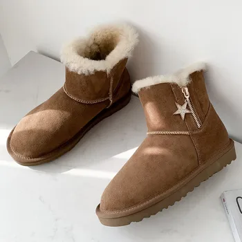 

Women's genuine leather wool flats snow boots zip decoration female winter cold weather fashion short ankle boots shoes women