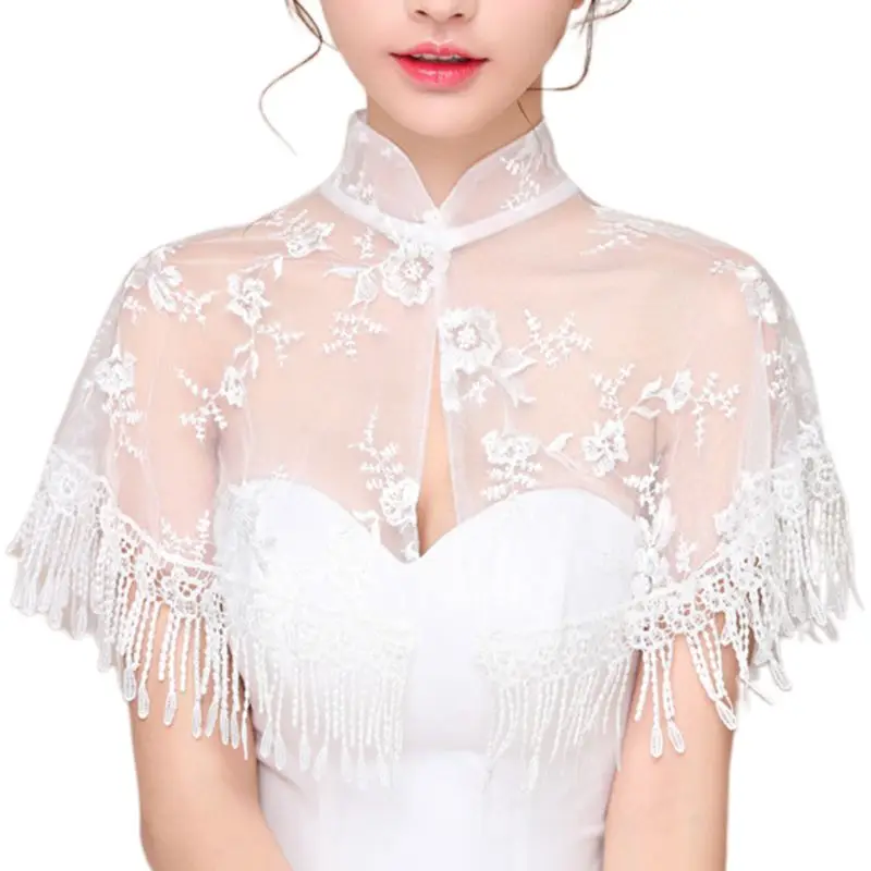 

Wedding Bridal High Neck Wrap Sheer Tulle Shawl Stole Floral Embroidery Stand Collar Evening Party Women Shrug Cape with Tassels
