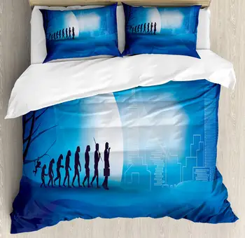 

Evolution Duvet Cover Set Transition Nature to The City and Technology 3 Piece Bedding Set Dark Lavender Azure Blue and Dark