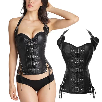 

Corset Waist Cincher Vest PU Leather Bustier Steampunk For Women Black Vintage