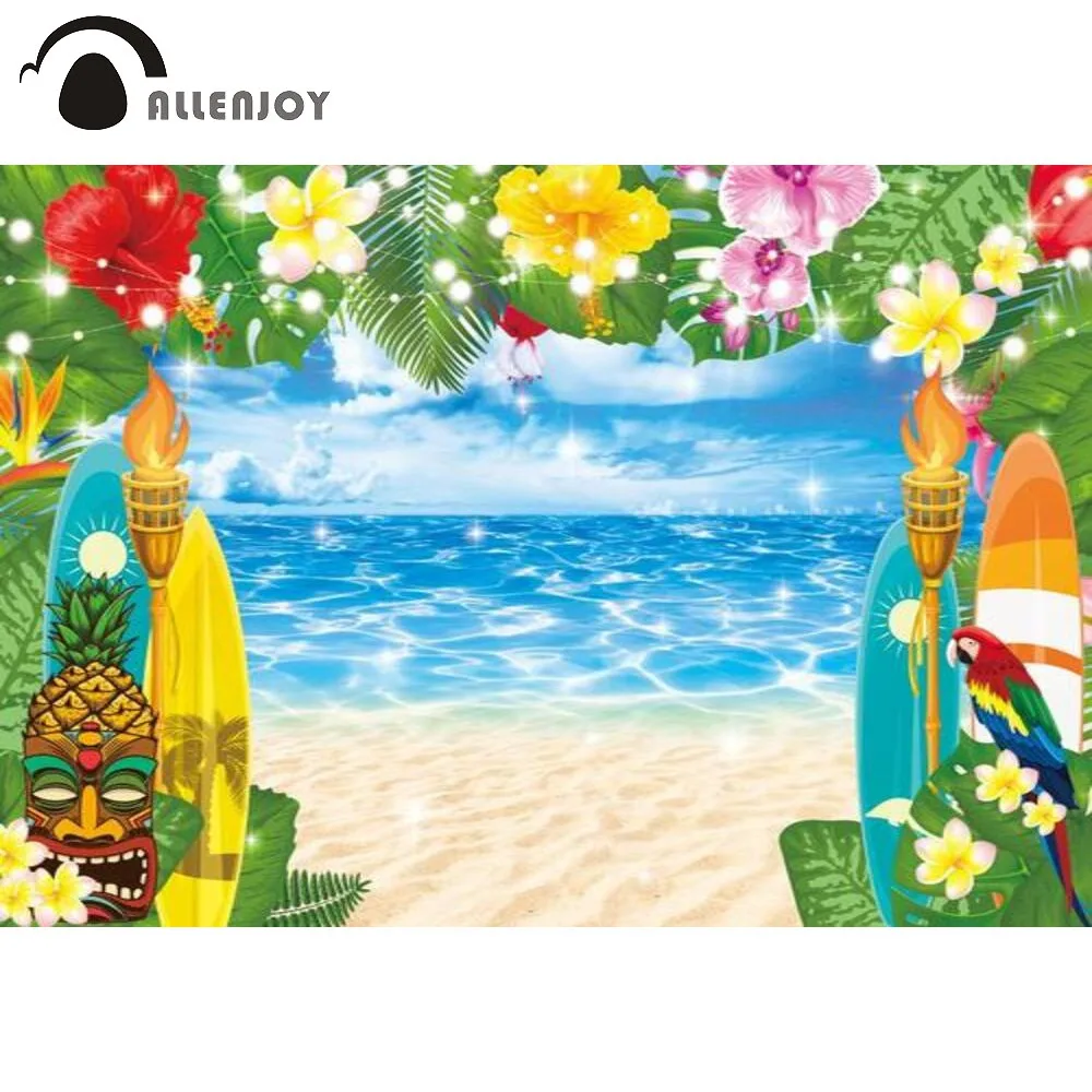 Allenjoy Summer Aloha Beach Seaside Leaves Tropical Flowers Surfboard Pineapple Parrot Backdrop Lights Photocall Background | Электроника