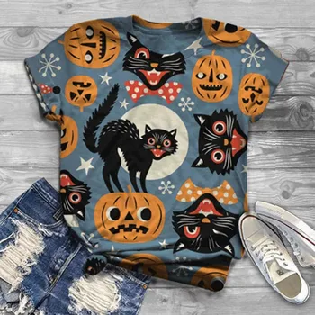 

Fashion Halloween T-shirts Short Sleeved Cat Animal Head Printed Women's Blusas With Round Neck T-shirt футболка 2020 женская