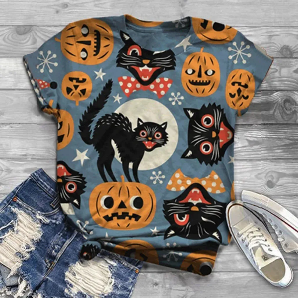 Halloween T-shirts Short Sleeved Fashion Cat Animal Head Printed Women's Blusas With Round Neck T-shirt футболка 2020 женская Halloween T-shirts Short Sleeved Fashion Cat Animal Head Printed Women's Blusas With Round Neck T-shirt футболка 2020 женская