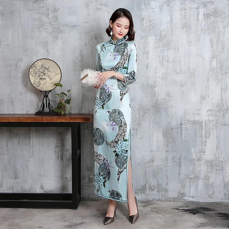 Большие размеры 4XL 5XL осень новое Винтажное с рукавом три четверти Cheongsam сексуальное женское официальное длинное платье с цветочным принтом из вискозы Qipao