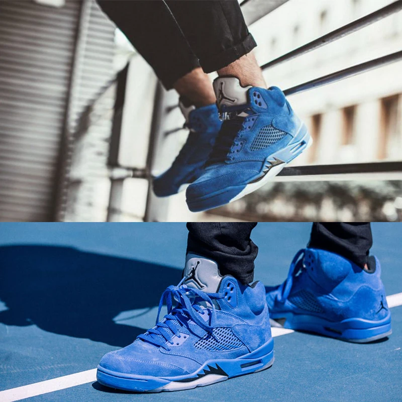 Air Jordan 5 синяя замша AJ5 синяя замша мужские баскетбольные кроссовки, оригинальные уличные удобные спортивные кроссовки 136021 401