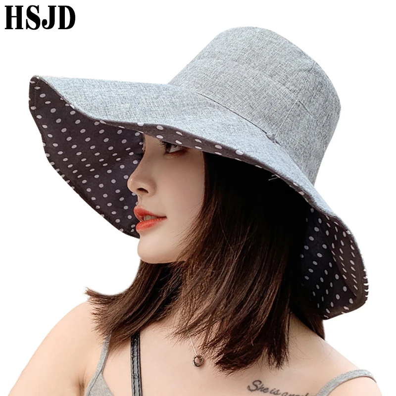 

New Women Summer Caps Foldable Dot Cotton Linen Double-Sided Sun Hats Large Brim UV Protection Beach Hat Female Sunscreen Bonnet