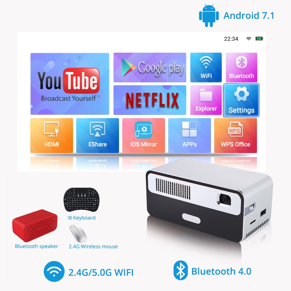 Мини проектор светодиодный Touyinger HDP300 250 ANSI портативный DLP Wi Fi аккумулятор HD Android 1080P